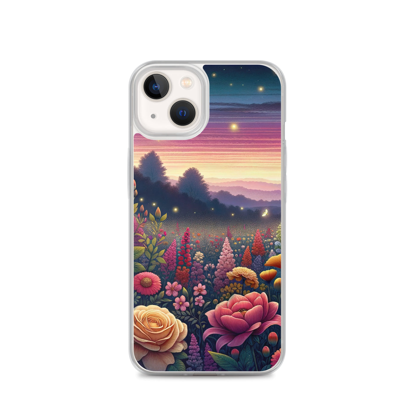 Skurriles Blumenfeld in Dämmerung, farbenfrohe Rosen, Lilien, Ringelblumen - iPhone Schutzhülle (durchsichtig) camping xxx yyy zzz iPhone 13