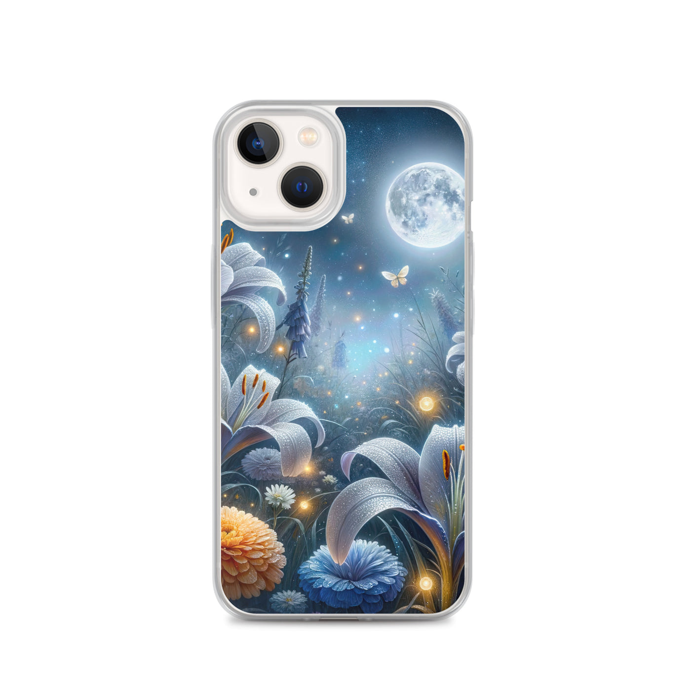 Ätherische Mondnacht auf blühender Wiese, silbriger Blumenglanz - iPhone Schutzhülle (durchsichtig) camping xxx yyy zzz iPhone 13