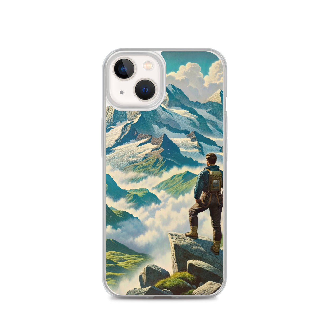 Panoramablick der Alpen mit Wanderer auf einem Hügel und schroffen Gipfeln - iPhone Schutzhülle (durchsichtig) wandern xxx yyy zzz iPhone 13