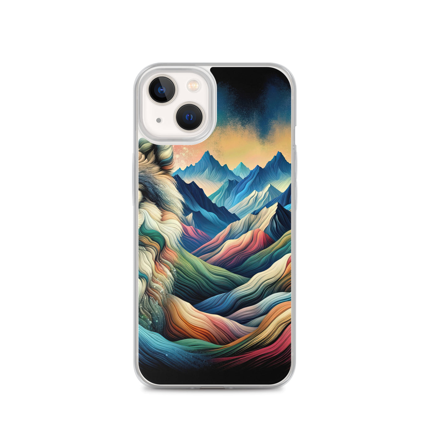 Traumhaftes Alpenpanorama mit Wolf in wechselnden Farben und Mustern (AN) - iPhone Schutzhülle (durchsichtig) xxx yyy zzz iPhone 13