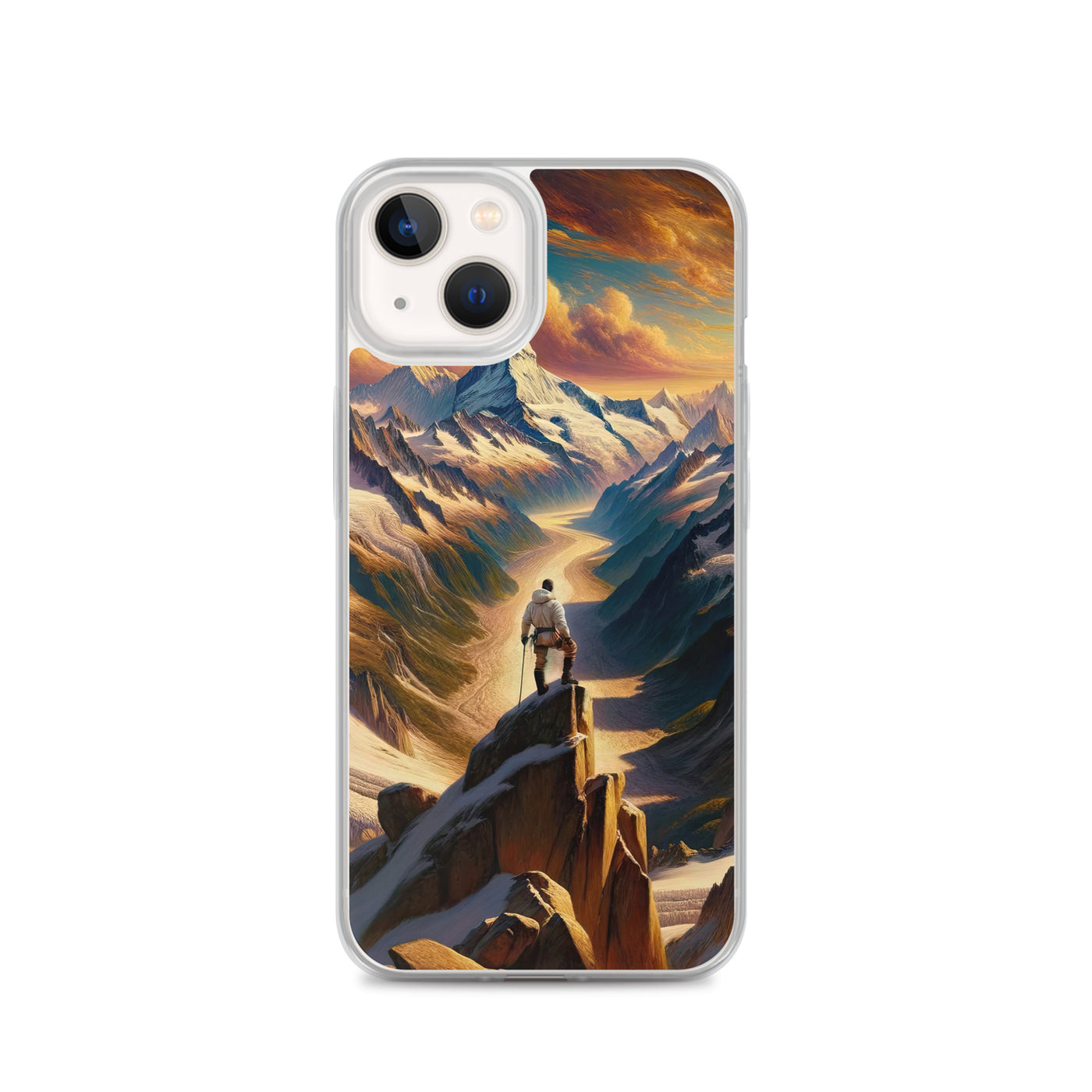 Ölgemälde eines Wanderers auf einem Hügel mit Panoramablick auf schneebedeckte Alpen und goldenen Himmel - iPhone Schutzhülle (durchsichtig) wandern xxx yyy zzz iPhone 13