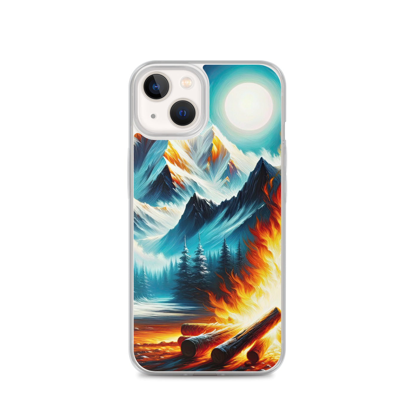 Ölgemälde von Feuer und Eis: Lagerfeuer und Alpen im Kontrast, warme Flammen - iPhone Schutzhülle (durchsichtig) camping xxx yyy zzz iPhone 13