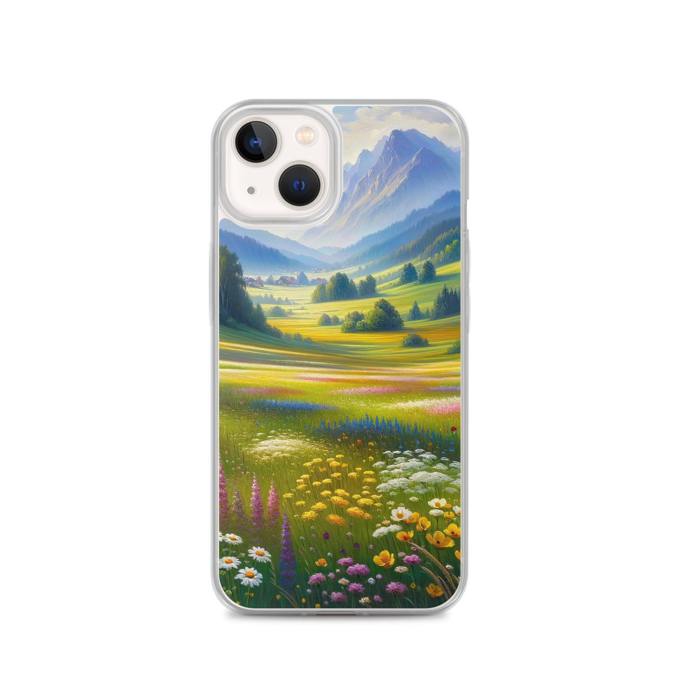 Ölgemälde einer Almwiese, Meer aus Wildblumen in Gelb- und Lilatönen - iPhone Schutzhülle (durchsichtig) berge xxx yyy zzz iPhone 13