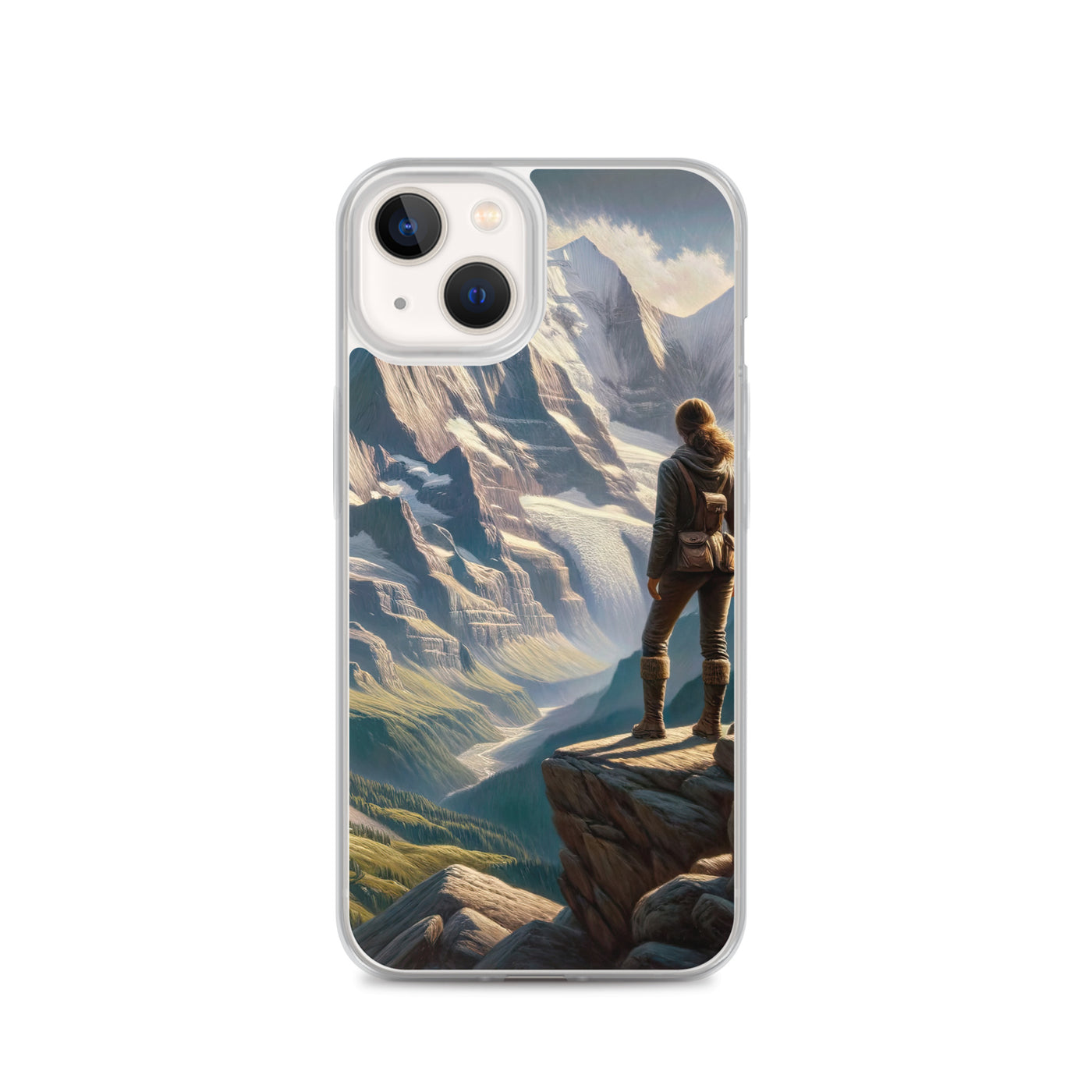 Ölgemälde der Alpengipfel mit Schweizer Abenteurerin auf Felsvorsprung - iPhone Schutzhülle (durchsichtig) wandern xxx yyy zzz iPhone 13