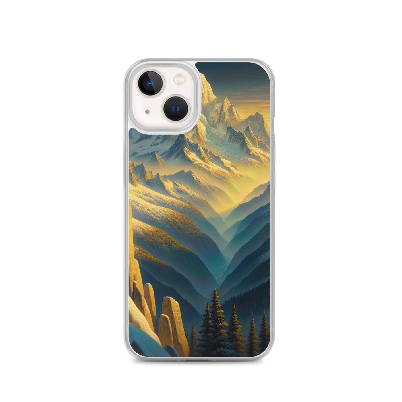 Ölgemälde eines Wanderers bei Morgendämmerung auf Alpengipfeln mit goldenem Sonnenlicht - iPhone Schutzhülle (durchsichtig) wandern xxx yyy zzz iPhone 13