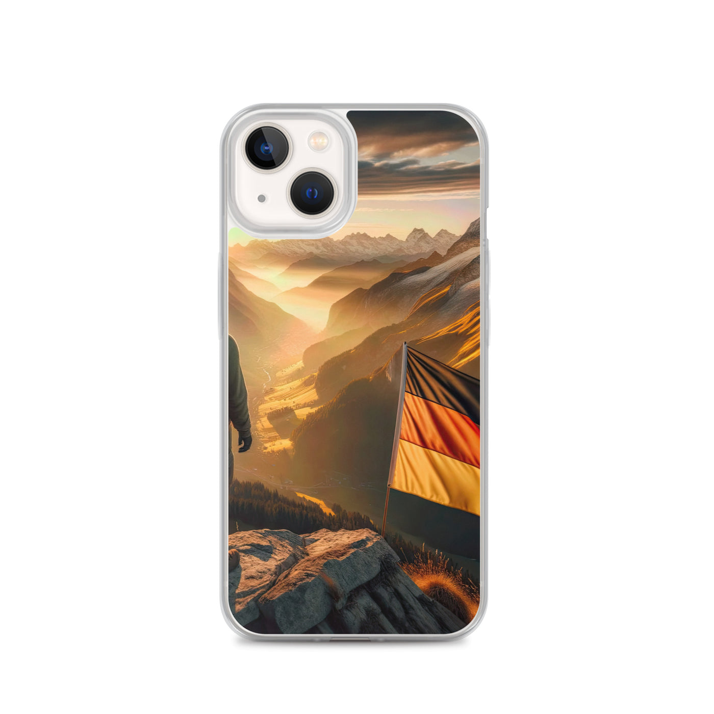 Foto der Alpen bei Sonnenuntergang mit deutscher Flagge und Wanderer, goldenes Licht auf Schneegipfeln - iPhone Schutzhülle (durchsichtig) berge xxx yyy zzz iPhone 13