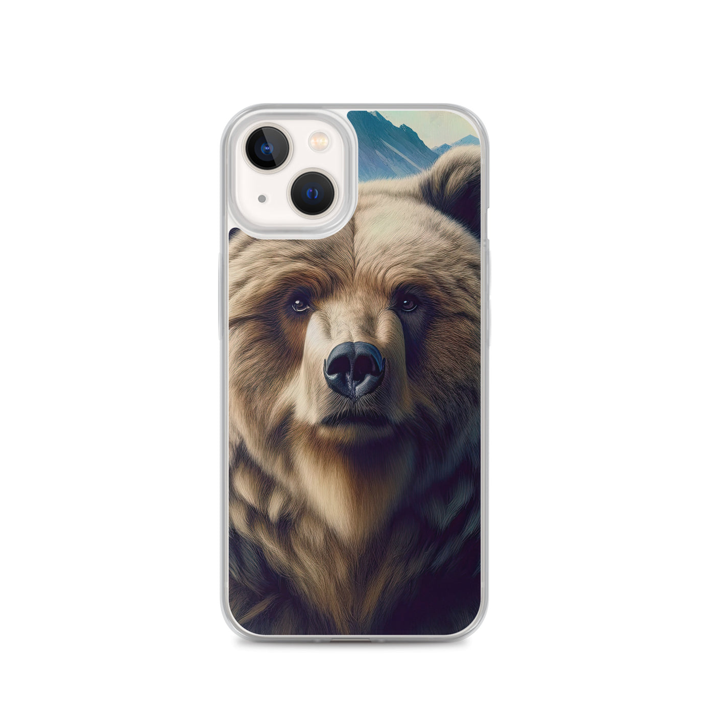 Foto eines Bären vor abstrakt gemalten Alpenbergen, Oberkörper im Fokus - iPhone Schutzhülle (durchsichtig) camping xxx yyy zzz iPhone 13