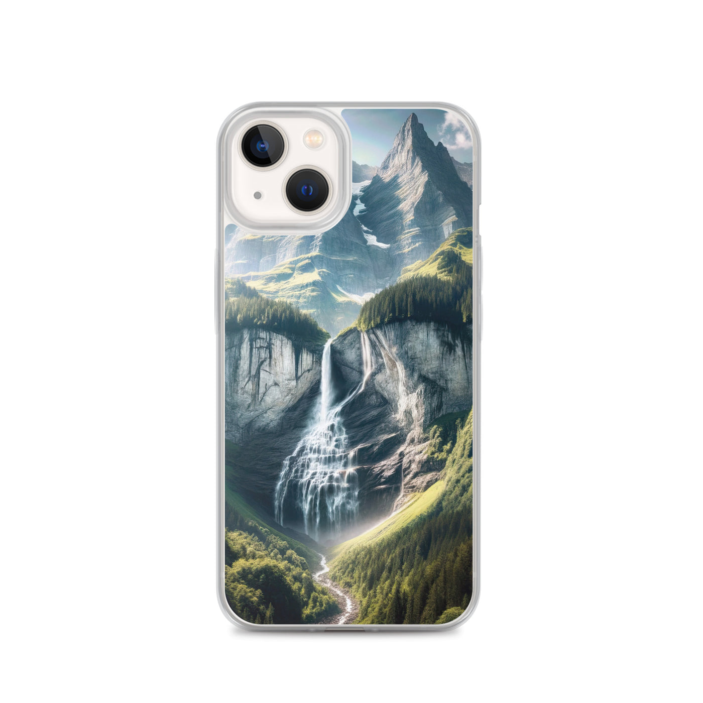 Foto der sommerlichen Alpen mit üppigen Gipfeln und Wasserfall - iPhone Schutzhülle (durchsichtig) berge xxx yyy zzz iPhone 13