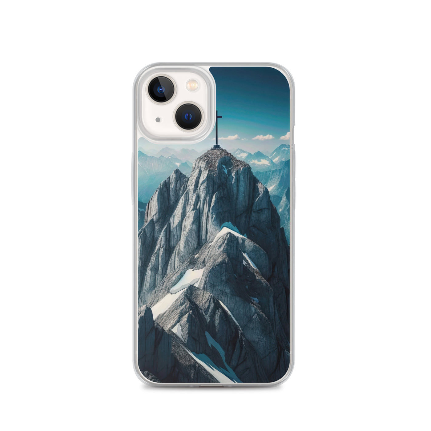 Foto der Alpen mit Gipfelkreuz an einem klaren Tag, schneebedeckte Spitzen vor blauem Himmel - iPhone Schutzhülle (durchsichtig) berge xxx yyy zzz iPhone 13