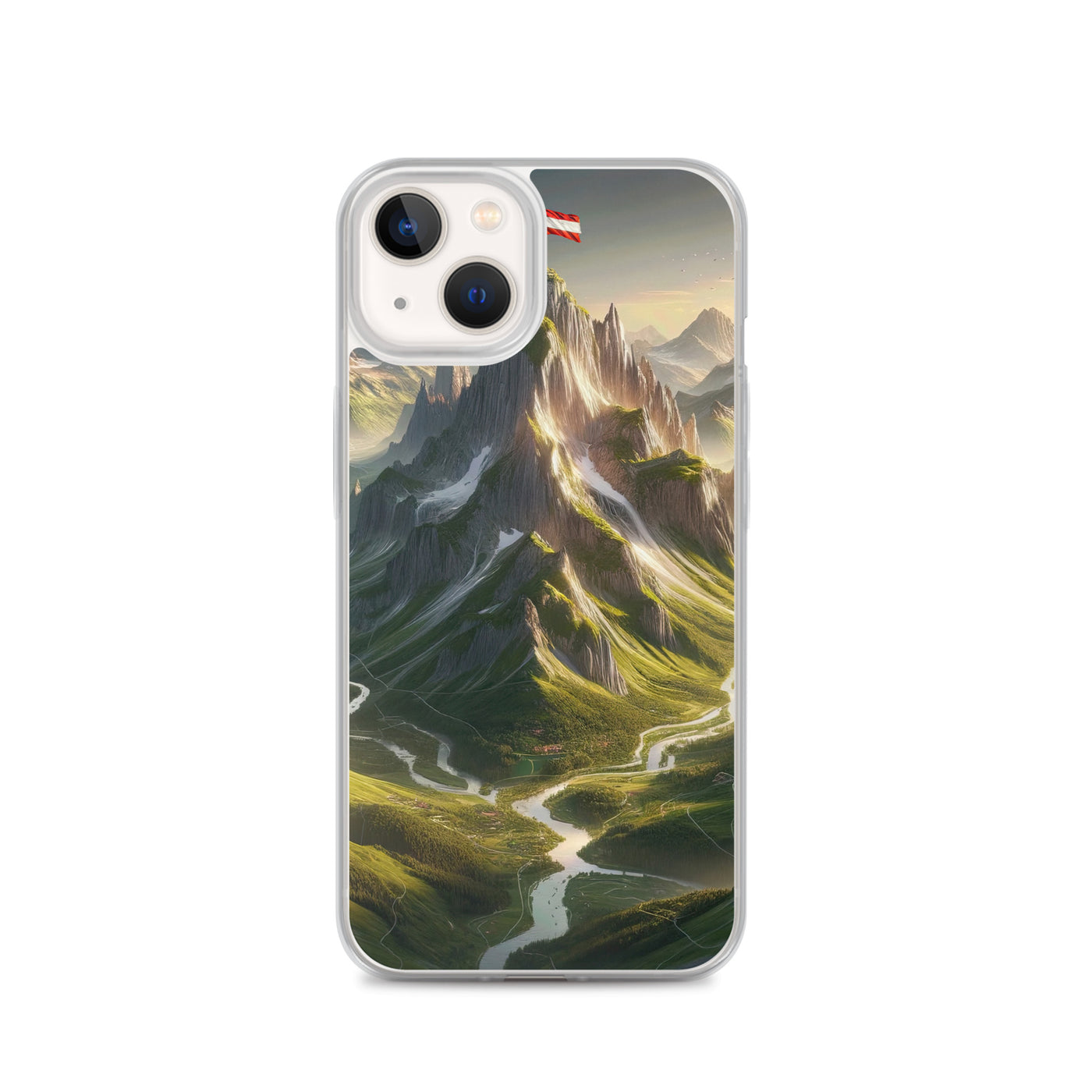 Fotorealistisches Bild der Alpen mit österreichischer Flagge, scharfen Gipfeln und grünen Tälern - iPhone Schutzhülle (durchsichtig) berge xxx yyy zzz iPhone 13