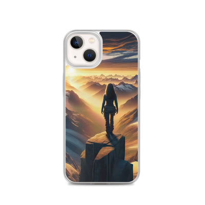 Fotorealistische Darstellung der Alpen bei Sonnenaufgang, Wanderin unter einem gold-purpurnen Himmel - iPhone Schutzhülle (durchsichtig) wandern xxx yyy zzz iPhone 13