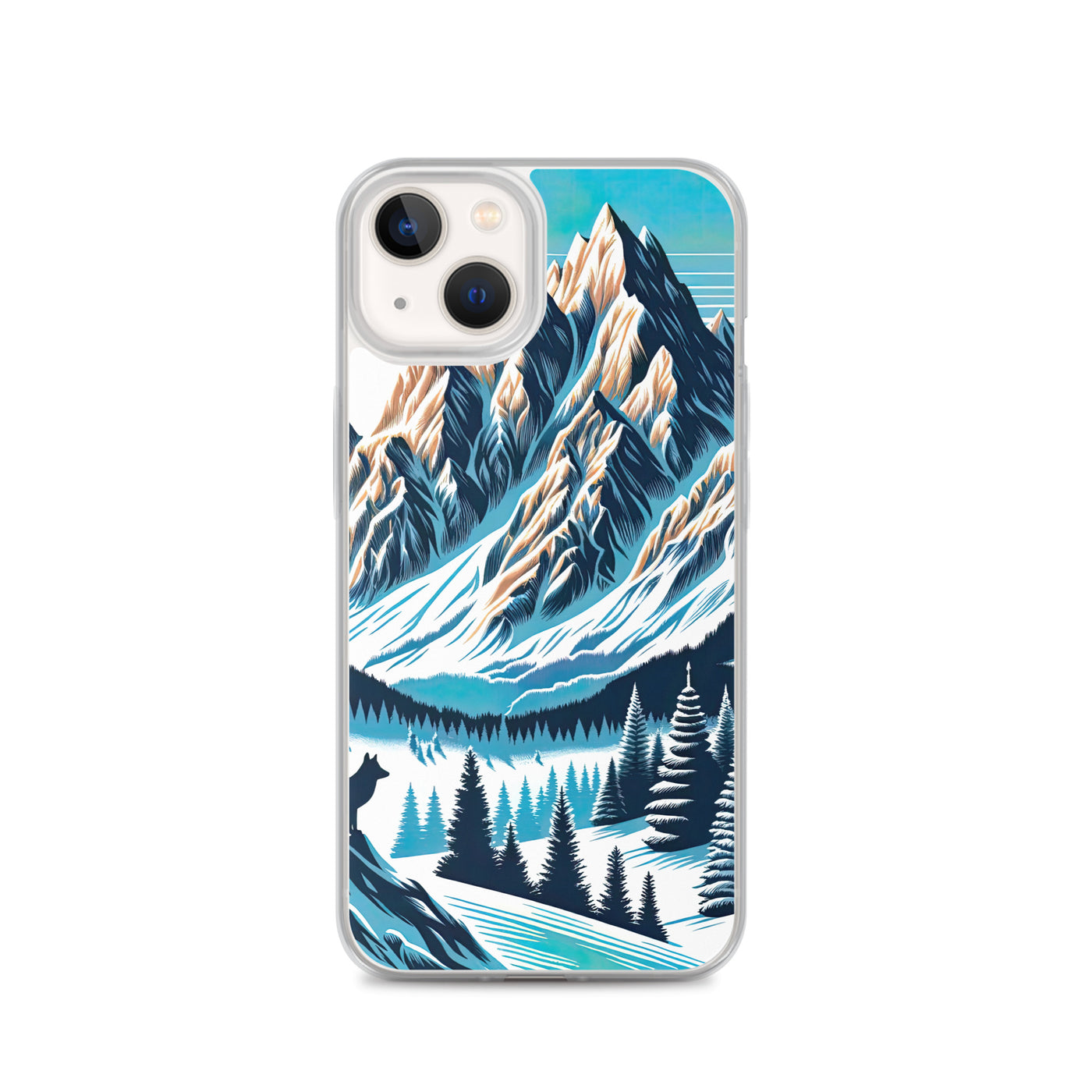 Vektorgrafik eines Wolfes im winterlichen Alpenmorgen, Berge mit Schnee- und Felsmustern - iPhone Schutzhülle (durchsichtig) berge xxx yyy zzz iPhone 13