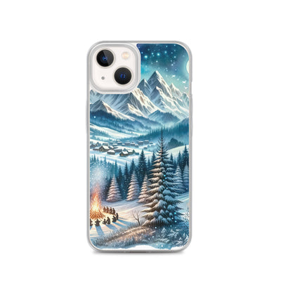 Aquarell eines Winterabends in den Alpen mit Lagerfeuer und Wanderern, glitzernder Neuschnee - iPhone Schutzhülle (durchsichtig) camping xxx yyy zzz iPhone 13