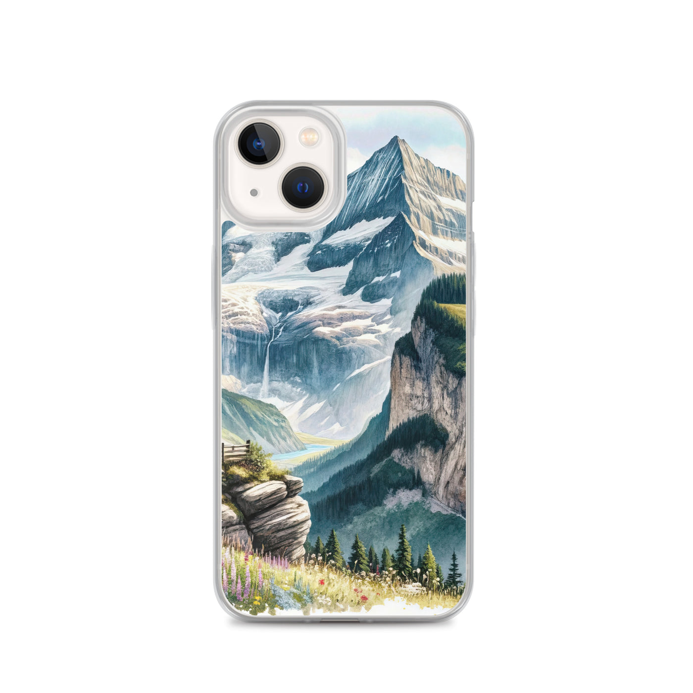 Aquarell-Panoramablick der Alpen mit schneebedeckten Gipfeln, Wasserfällen und Wanderern - iPhone Schutzhülle (durchsichtig) wandern xxx yyy zzz iPhone 13