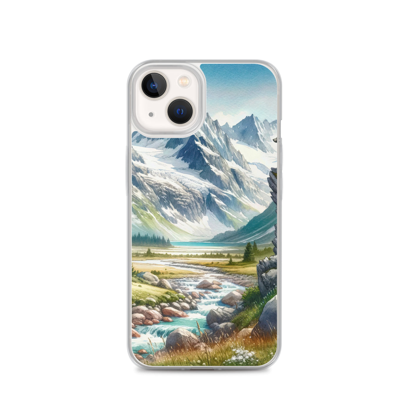 Aquarellmalerei eines Bären und der sommerlichen Alpenschönheit mit schneebedeckten Ketten - iPhone Schutzhülle (durchsichtig) camping xxx yyy zzz iPhone 13