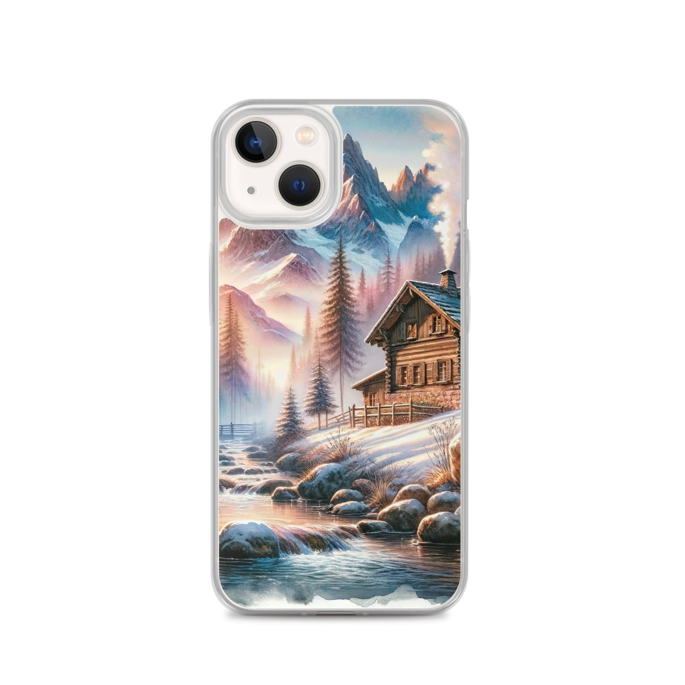 Aquarell einer Alpenszene im Morgengrauen, Haus in den Bergen - iPhone Schutzhülle (durchsichtig) berge xxx yyy zzz iPhone 13