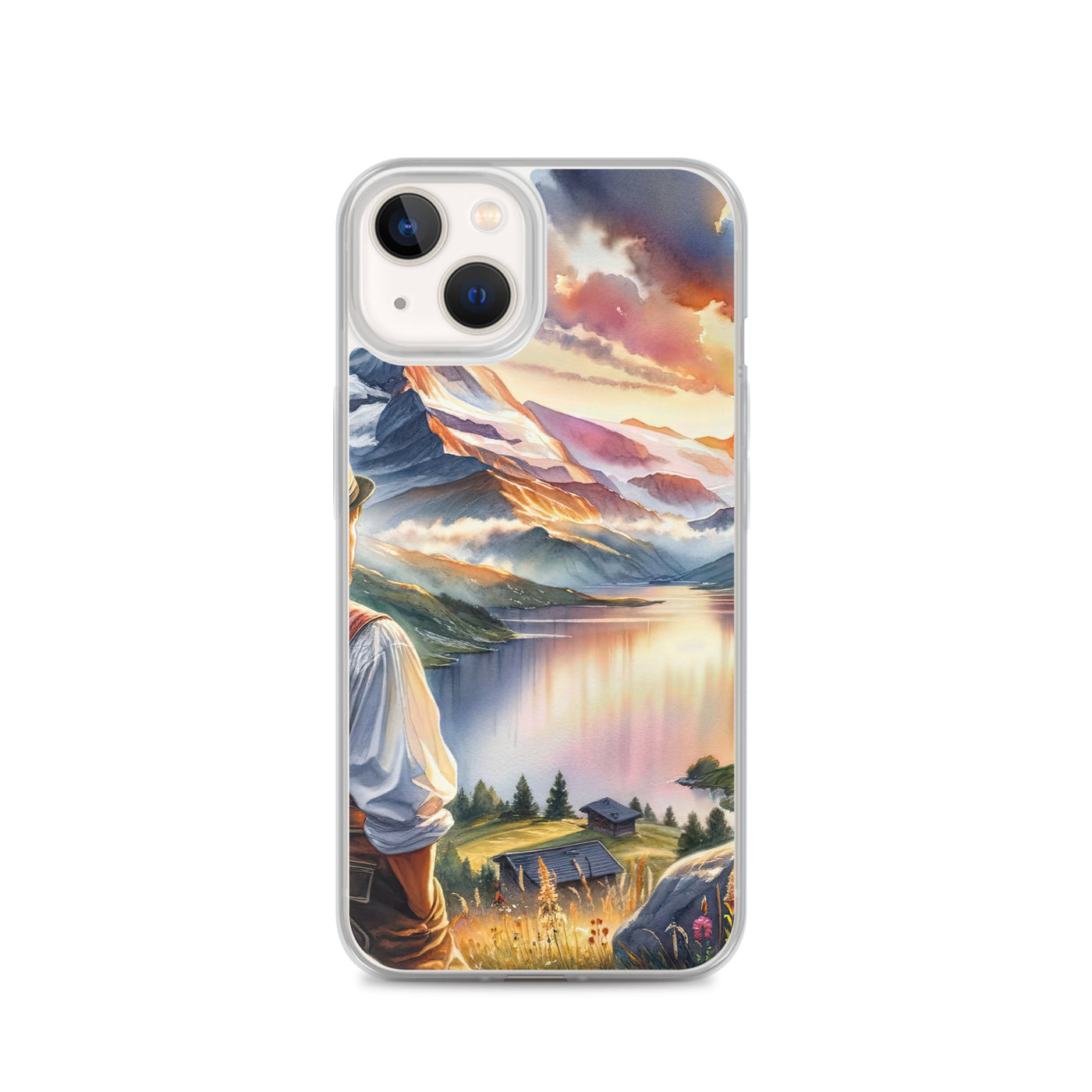 Aquarell einer Berglandschaft in der goldenen Stunde mit österreichischem Wanderer - iPhone Schutzhülle (durchsichtig) wandern xxx yyy zzz iPhone 13