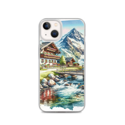 Aquarell der frühlingshaften Alpenkette mit österreichischer Flagge und schmelzendem Schnee - iPhone Schutzhülle (durchsichtig) berge xxx yyy zzz iPhone 13