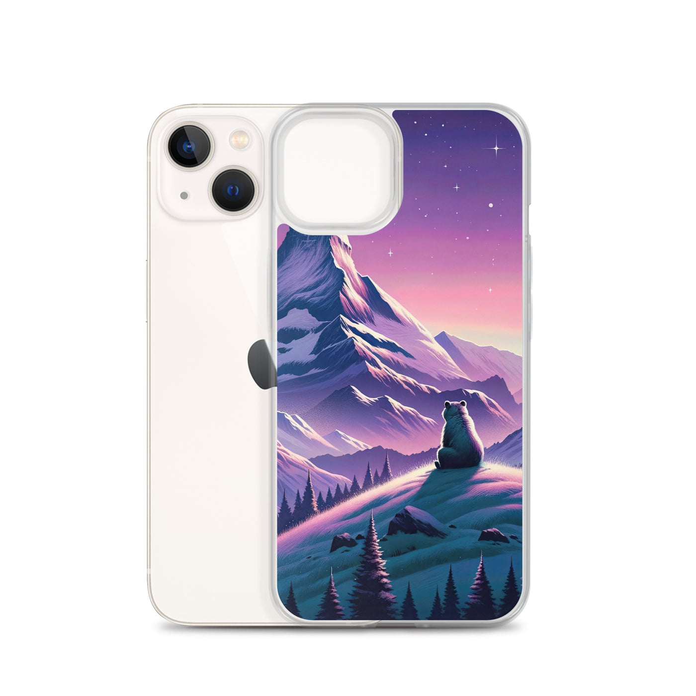 Bezaubernder Alpenabend mit Bär, lavendel-rosafarbener Himmel (AN) - iPhone Schutzhülle (durchsichtig) xxx yyy zzz