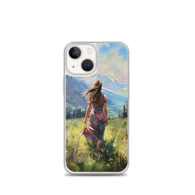 Frau mit langen Kleid im Feld mit Blumen - Berge im Hintergrund - Malerei - iPhone Schutzhülle (durchsichtig) berge xxx iPhone 13 mini
