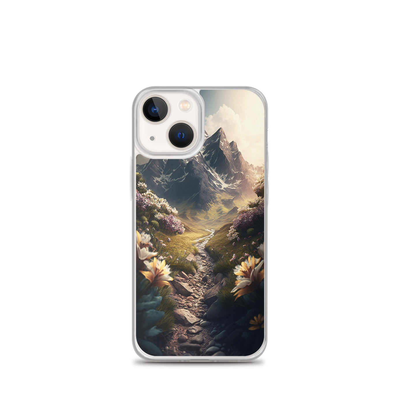 Epischer Berg, steiniger Weg und Blumen - Realistische Malerei - iPhone Schutzhülle (durchsichtig) berge xxx iPhone 13 mini