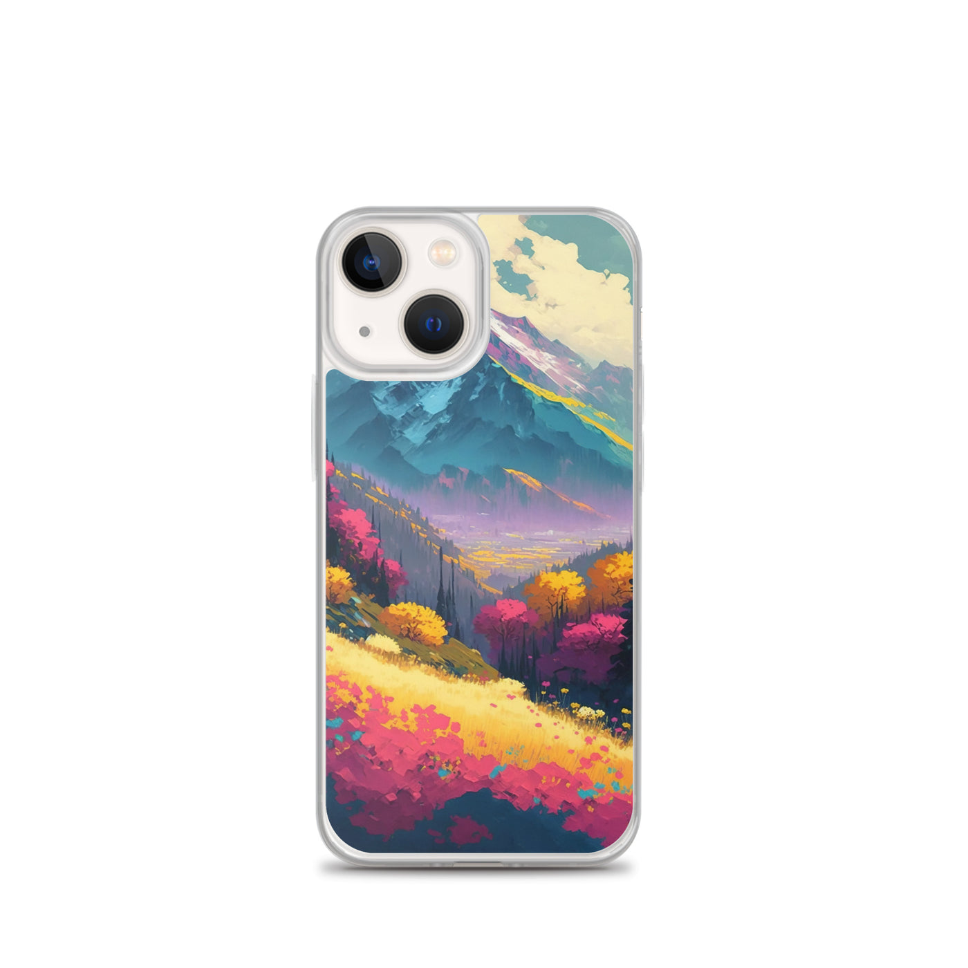 Berge, pinke und gelbe Bäume, sowie Blumen - Farbige Malerei - iPhone Schutzhülle (durchsichtig) berge xxx iPhone 13 mini