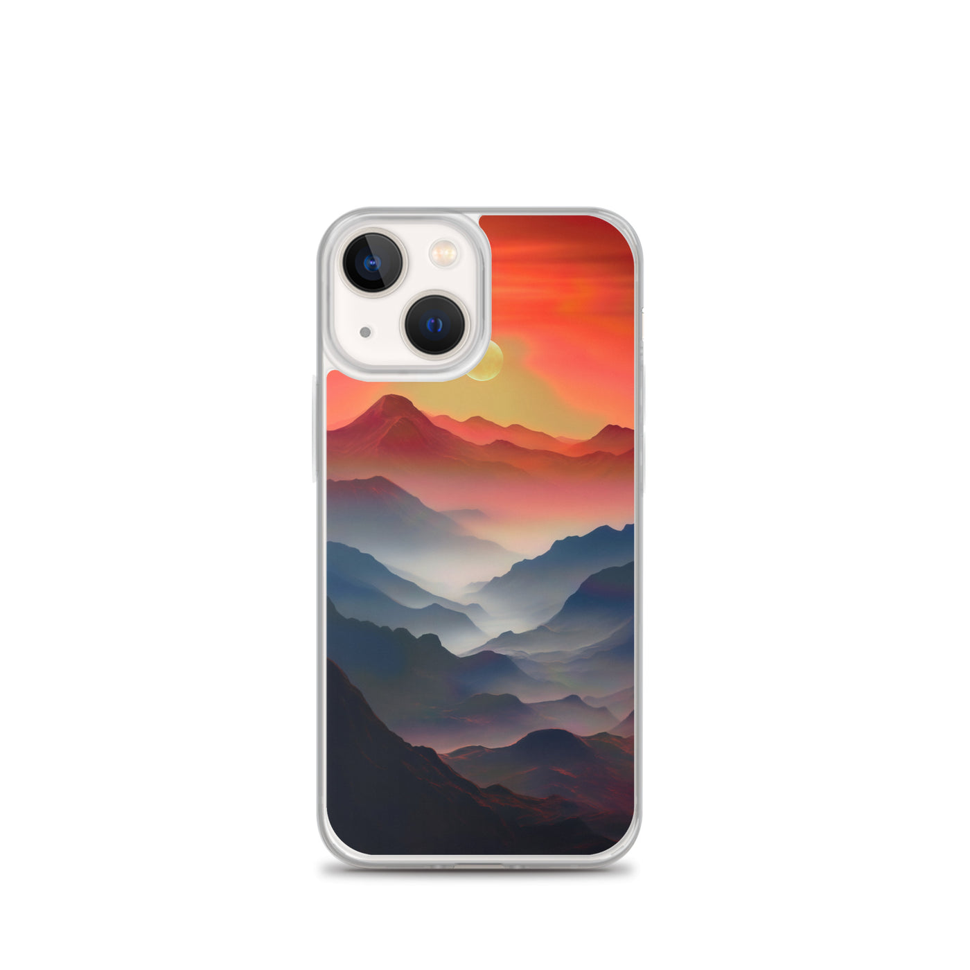 Sonnteruntergang, Gebirge und Nebel - Landschaftsmalerei - iPhone Schutzhülle (durchsichtig) berge xxx iPhone 13 mini