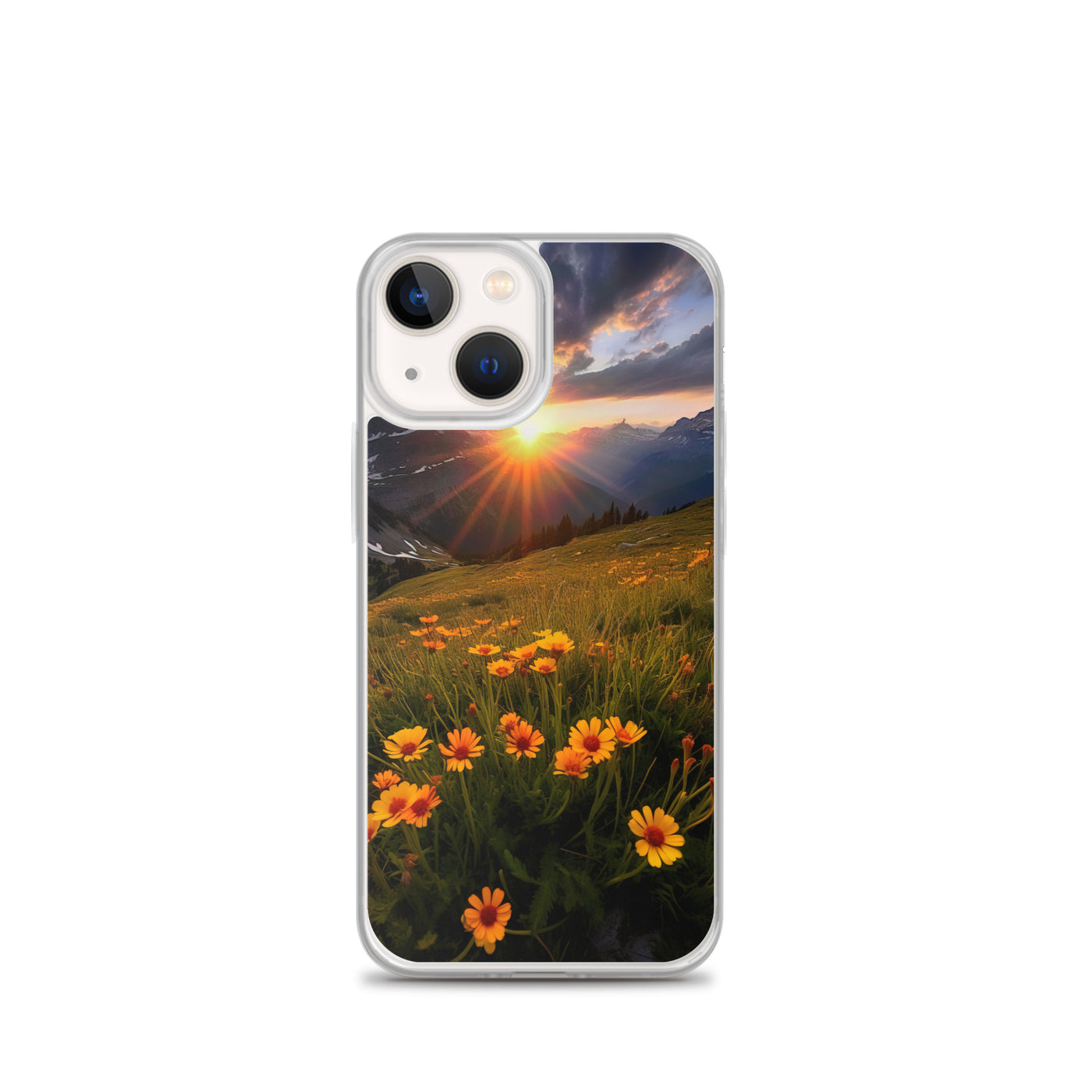 Gebirge, Sonnenblumen und Sonnenaufgang - iPhone Schutzhülle (durchsichtig) berge xxx iPhone 13 mini