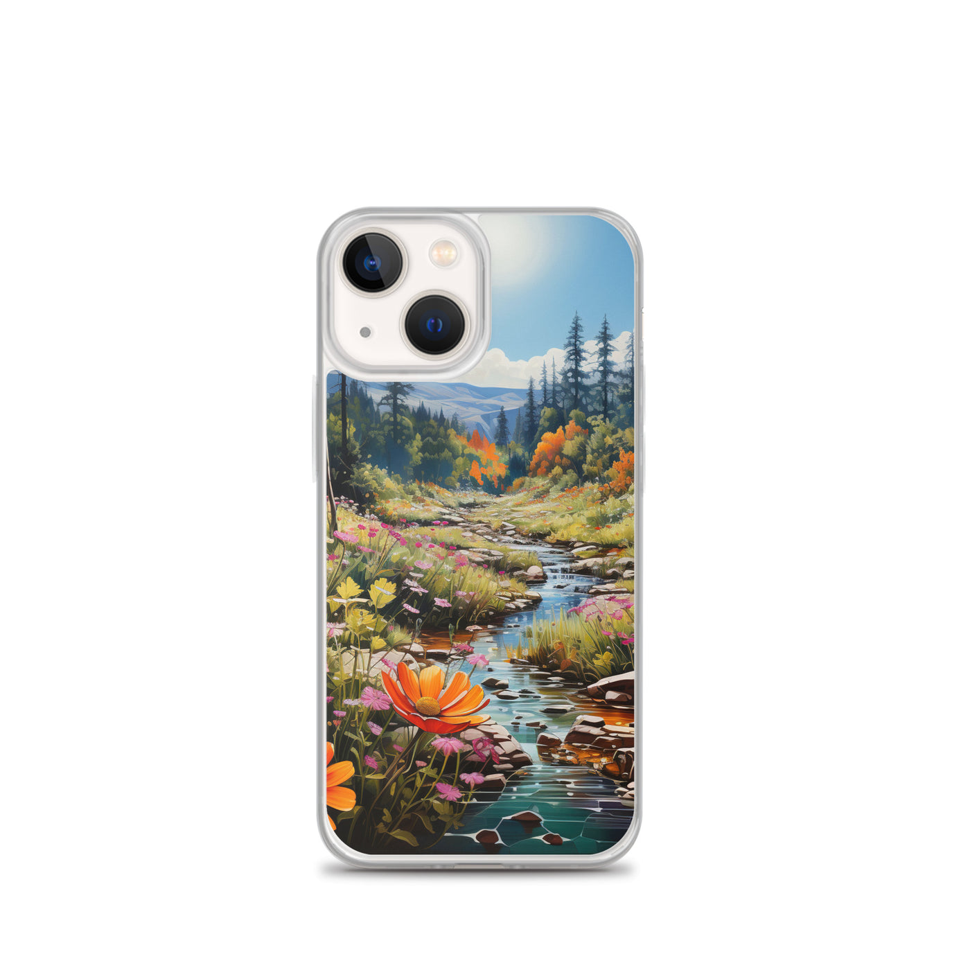Berge, schöne Blumen und Bach im Wald - iPhone Schutzhülle (durchsichtig) berge xxx iPhone 13 mini