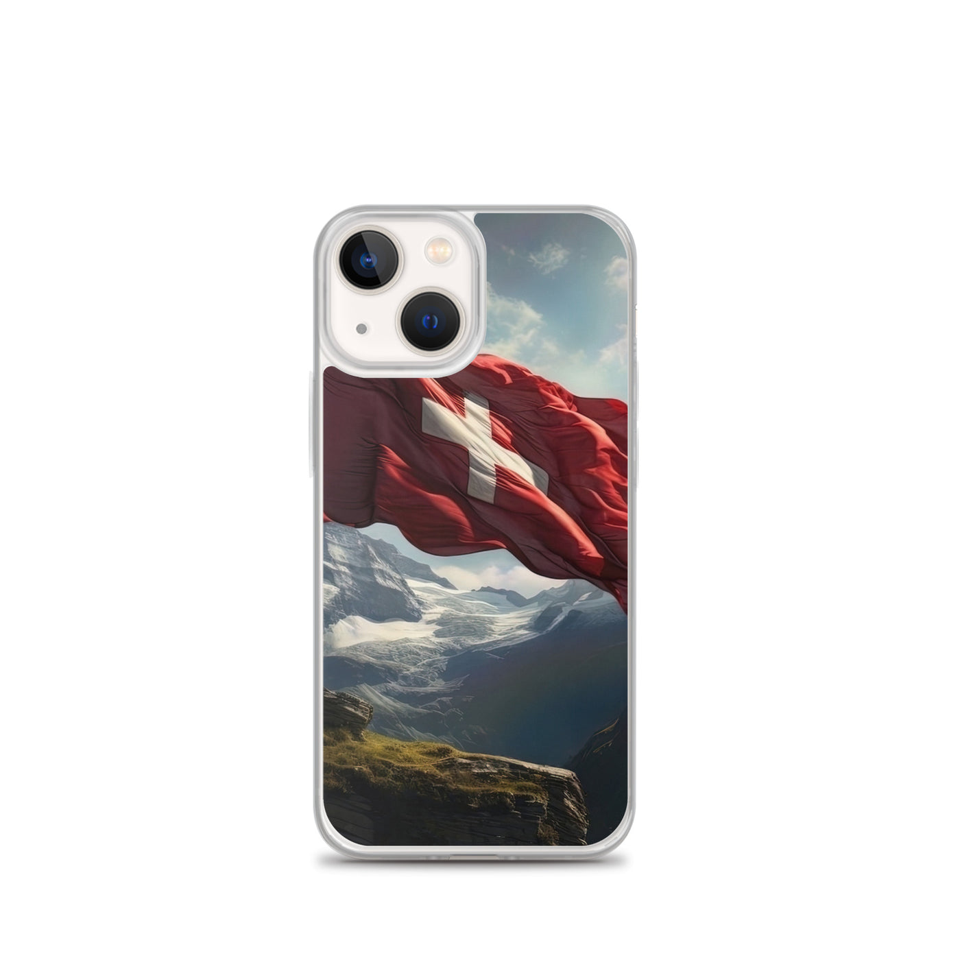 Schweizer Flagge und Berge im Hintergrund - Fotorealistische Malerei - iPhone Schutzhülle (durchsichtig) berge xxx iPhone 13 mini