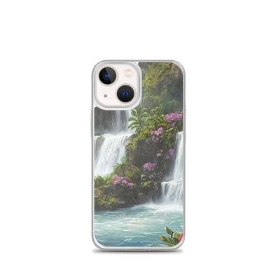 Wasserfall im Wald und Blumen - Schöne Malerei - iPhone Schutzhülle (durchsichtig) camping xxx iPhone 13 mini