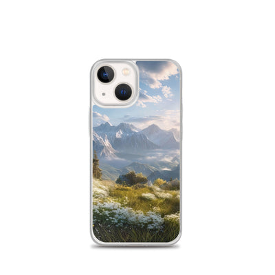 Berglandschaft mit Sonnenschein, Blumen und Bäumen - Malerei - iPhone Schutzhülle (durchsichtig) berge xxx iPhone 13 mini