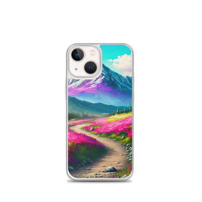 Berg, pinke Blumen und Wanderweg - Landschaftsmalerei - iPhone Schutzhülle (durchsichtig) berge xxx iPhone 13 mini