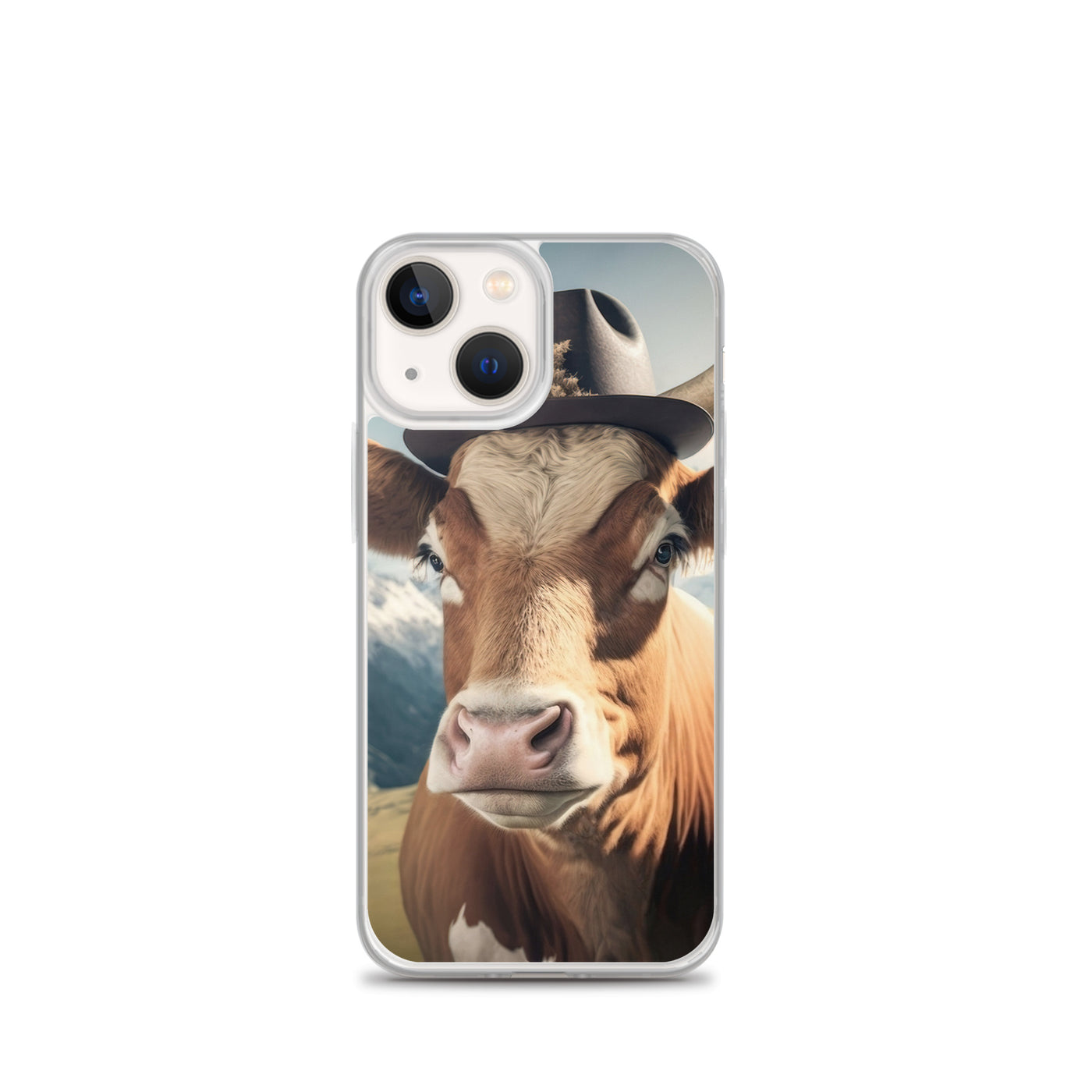 Kuh mit Hut in den Alpen - Berge im Hintergrund - Landschaftsmalerei - iPhone Schutzhülle (durchsichtig) berge xxx iPhone 13 mini