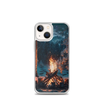 Lagerfeuer beim Camping - Wald mit Schneebedeckten Bäumen - Malerei - iPhone Schutzhülle (durchsichtig) camping xxx iPhone 13 mini