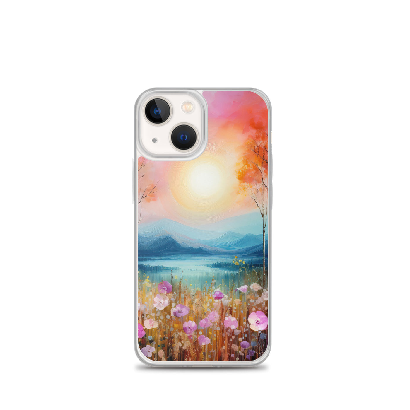 Berge, See, pinke Bäume und Blumen - Malerei - iPhone Schutzhülle (durchsichtig) berge xxx iPhone 13 mini