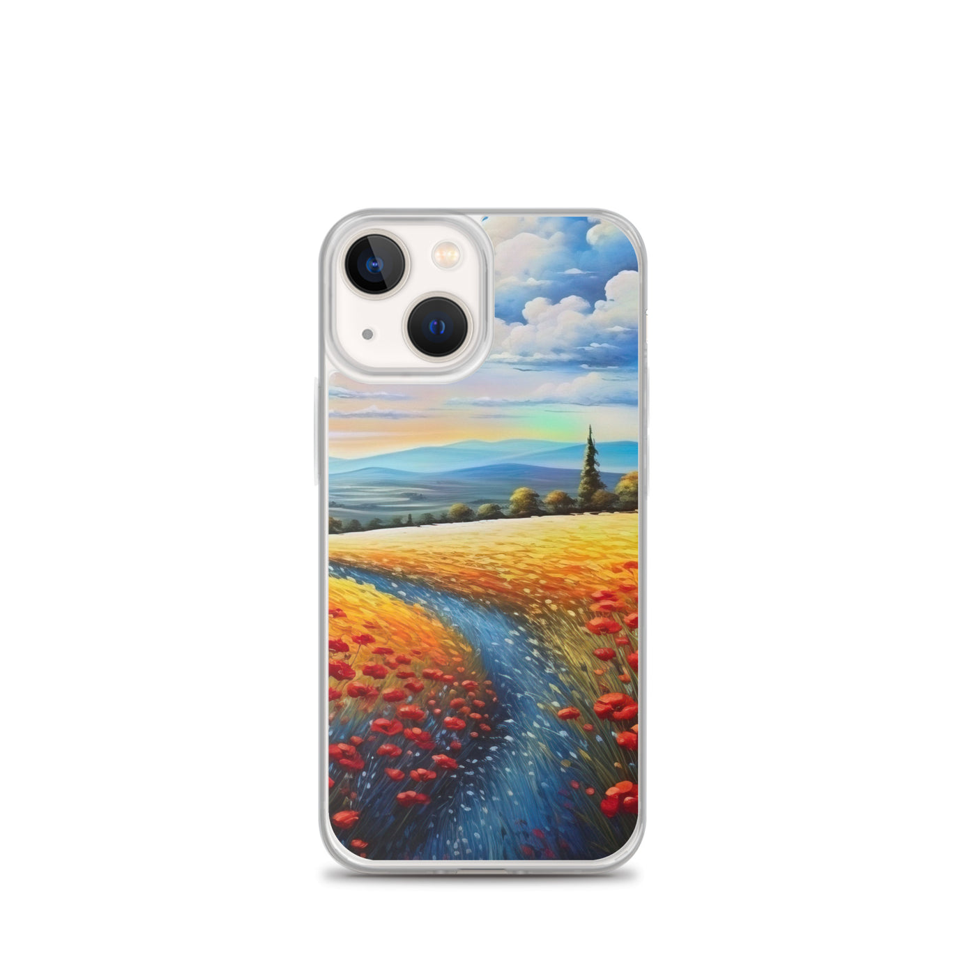 Feld mit roten Blumen und Berglandschaft - Landschaftsmalerei - iPhone Schutzhülle (durchsichtig) berge xxx iPhone 13 mini