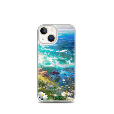 Berge, Blumen, Fluss und Steine - Malerei - iPhone Schutzhülle (durchsichtig) camping xxx iPhone 13 mini