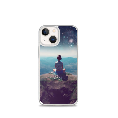 Frau sitzt auf Berg – Cosmos und Sterne im Hintergrund - Landschaftsmalerei - iPhone Schutzhülle (durchsichtig) berge xxx iPhone 13 mini