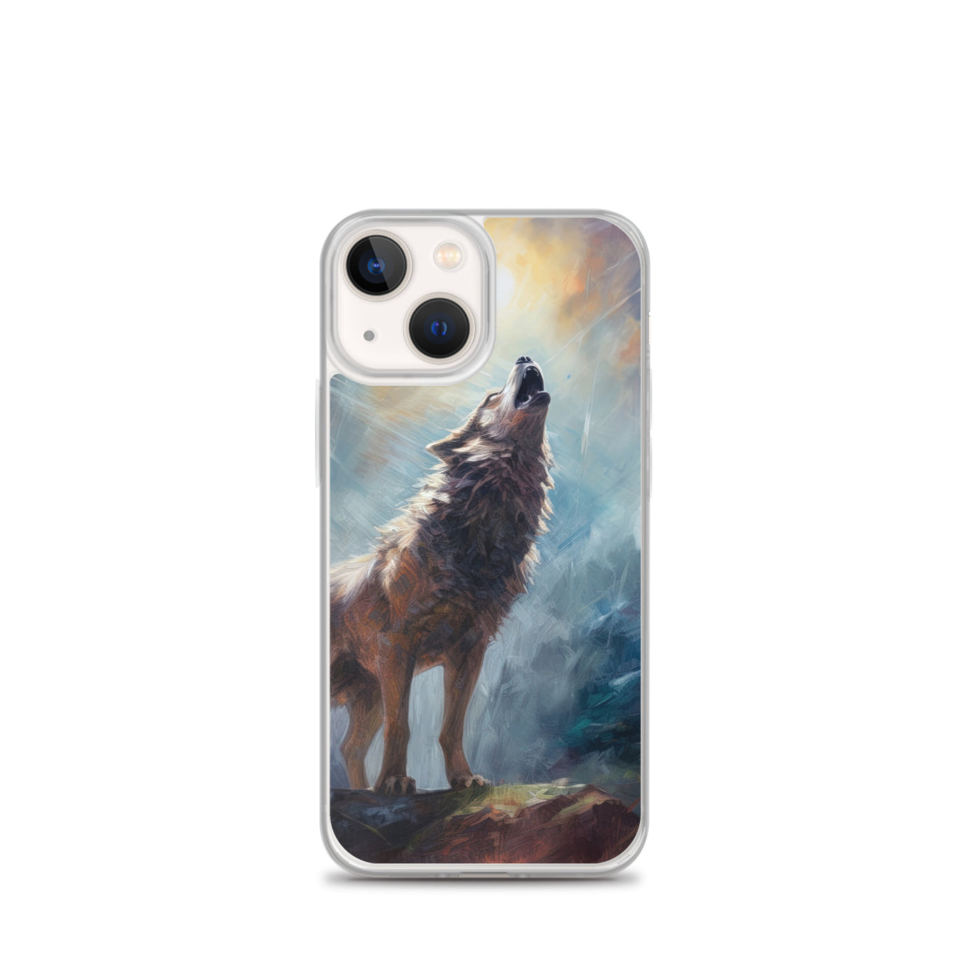 Heulender Wolf auf Berggipfel und Mond im Hintergrund – Abstrakte Malerei - iPhone Schutzhülle (durchsichtig) camping xxx iPhone 13 mini