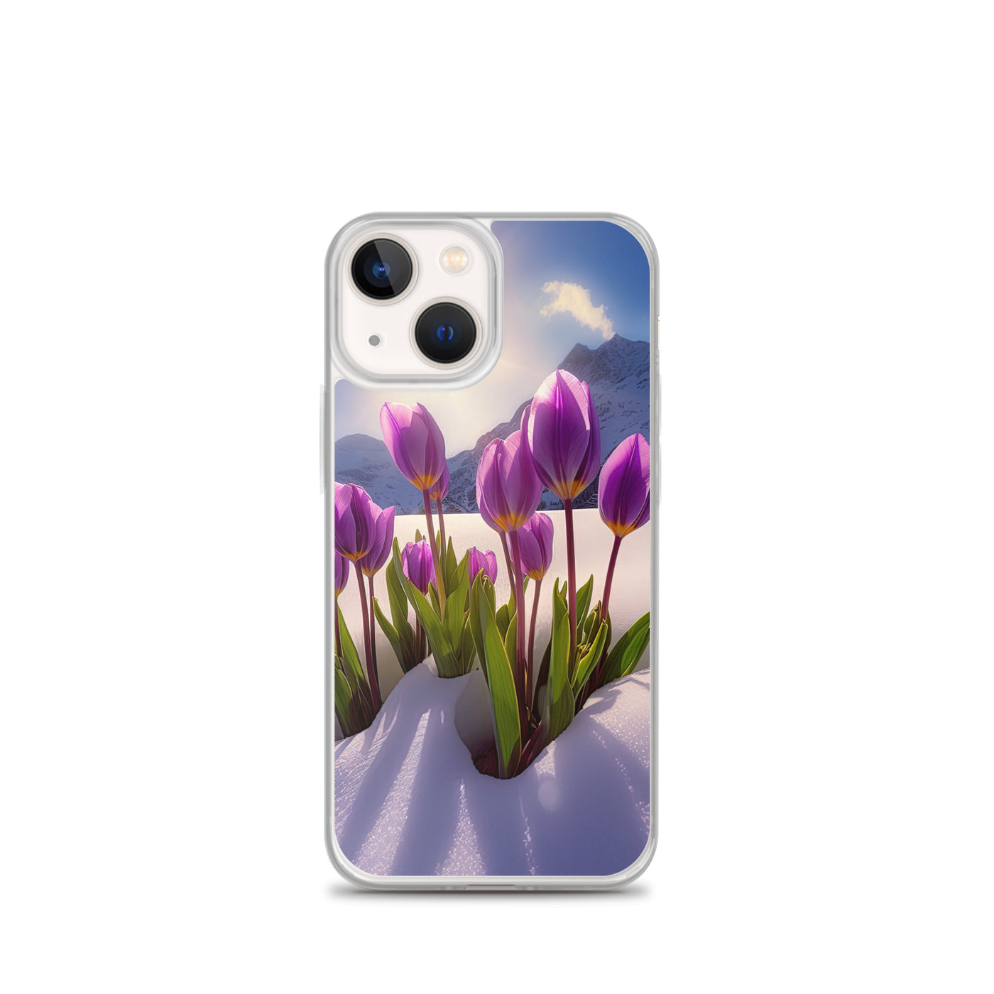 Tulpen im Schnee und in den Bergen - Blumen im Winter - iPhone Schutzhülle (durchsichtig) berge xxx iPhone 13 mini