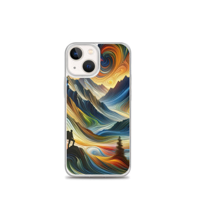 Abstraktes Kunstgemälde der Alpen mit wirbelnden, lebendigen Farben und dynamischen Mustern. Wanderer Silhouette - iPhone Schutzhülle (durchsichtig) wandern xxx yyy zzz iPhone 13 mini