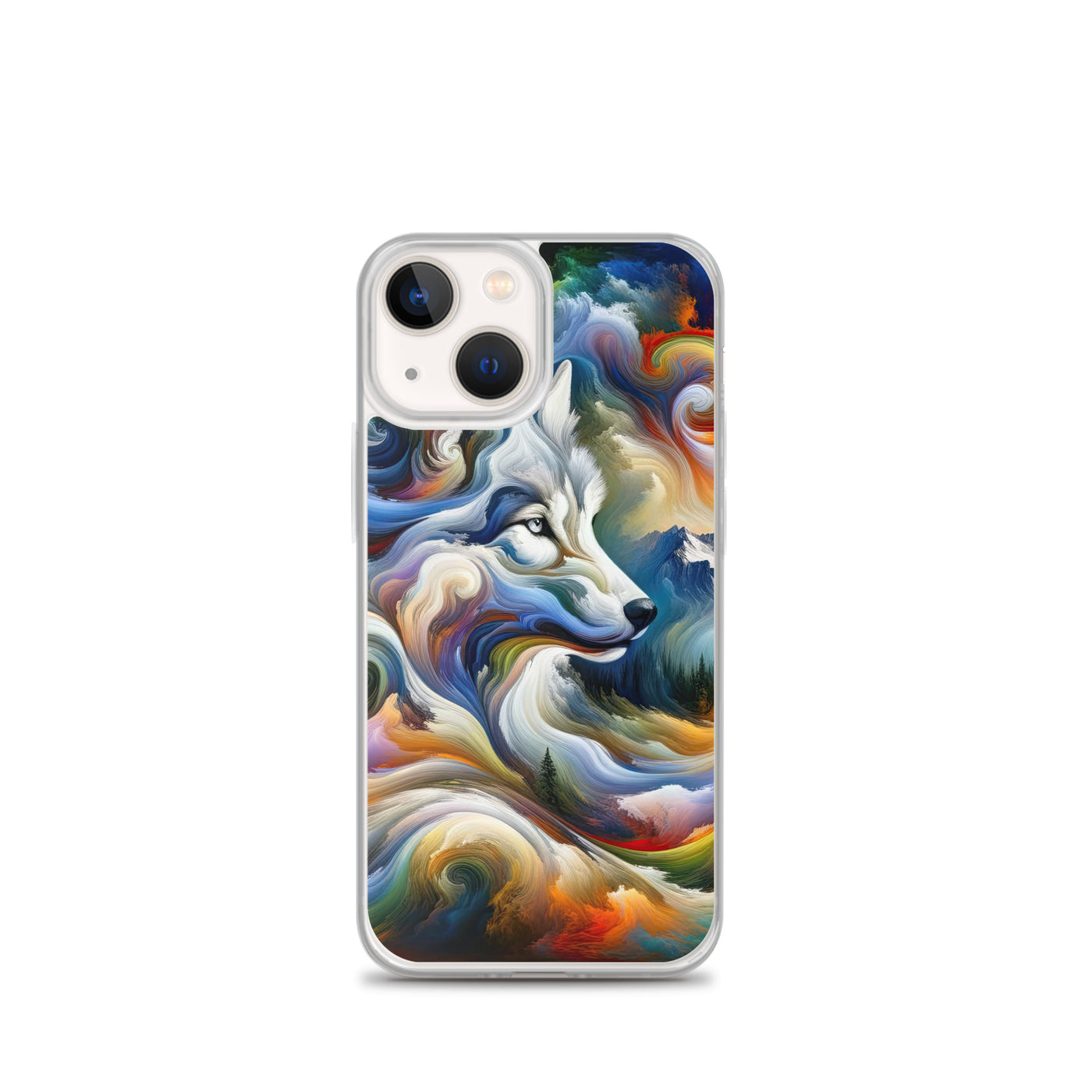 Abstraktes Alpen Gemälde: Wirbelnde Farben und Majestätischer Wolf, Silhouette (AN) - iPhone Schutzhülle (durchsichtig) xxx yyy zzz iPhone 13 mini