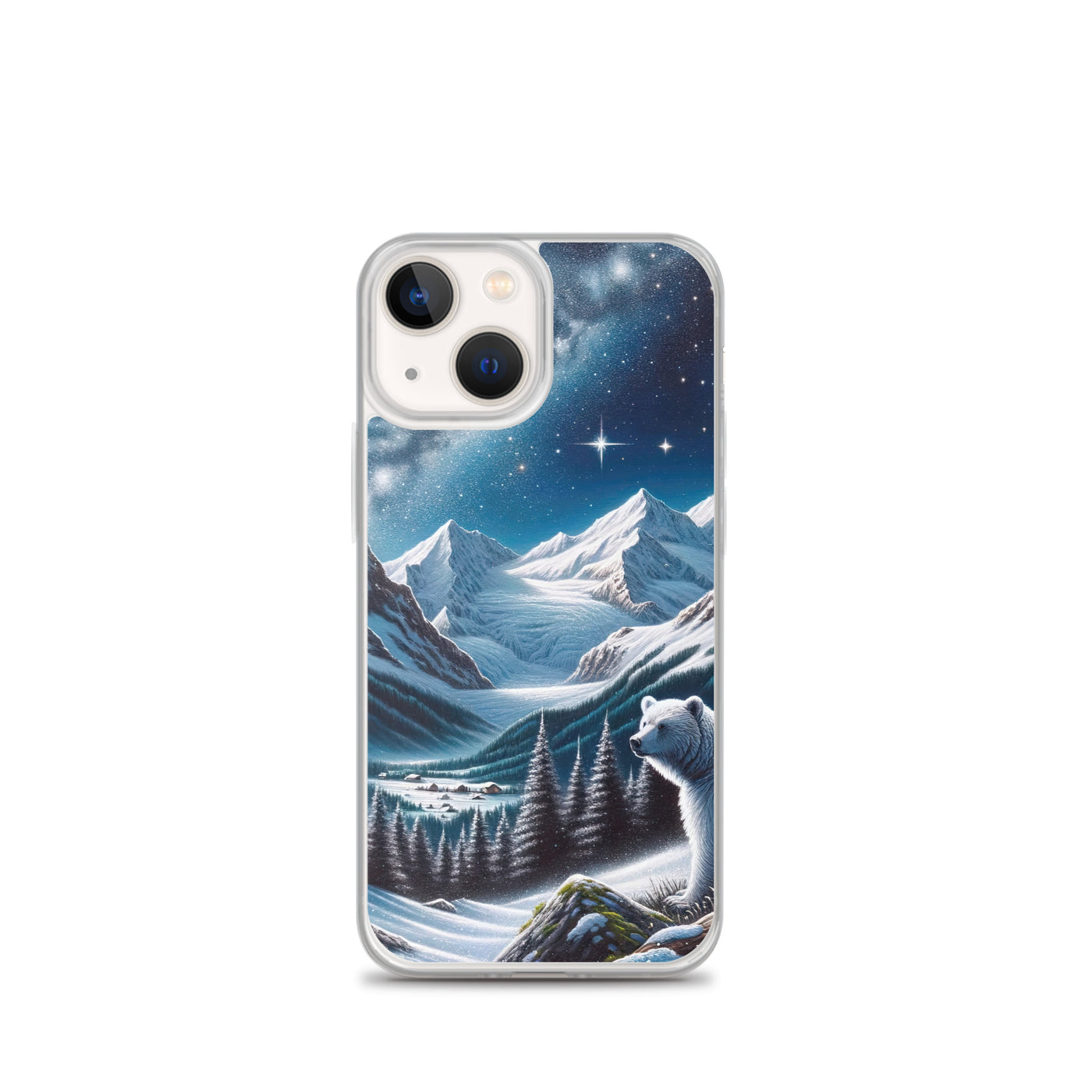 Sternennacht und Eisbär: Acrylgemälde mit Milchstraße, Alpen und schneebedeckte Gipfel - iPhone Schutzhülle (durchsichtig) camping xxx yyy zzz iPhone 13 mini