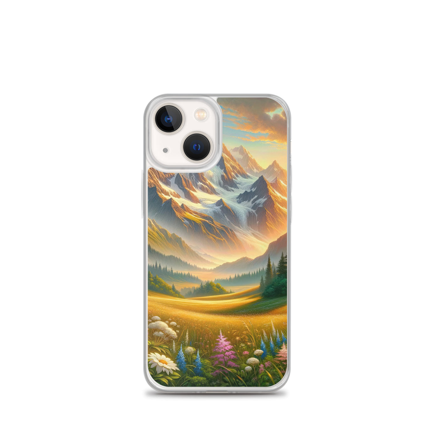 Heitere Alpenschönheit: Schneeberge und Wildblumenwiesen - iPhone Schutzhülle (durchsichtig) berge xxx yyy zzz iPhone 13 mini