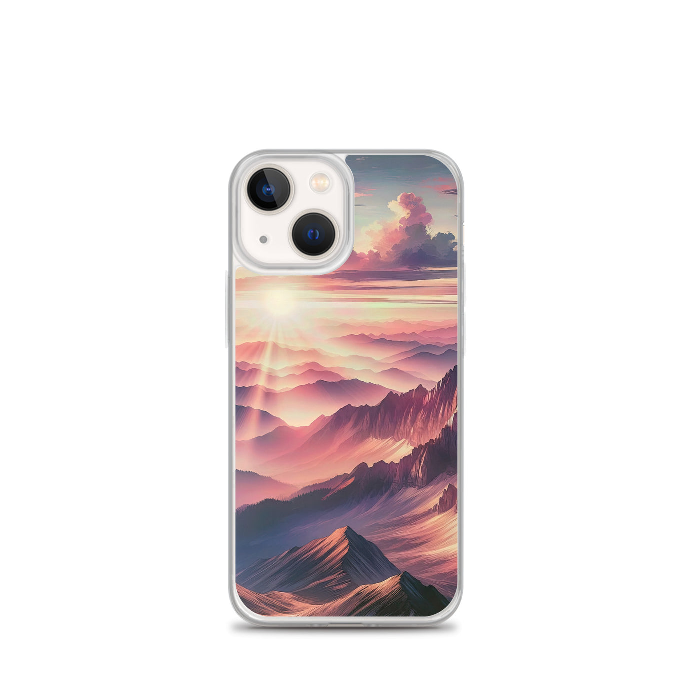 Schöne Berge bei Sonnenaufgang: Malerei in Pastelltönen - iPhone Schutzhülle (durchsichtig) berge xxx yyy zzz iPhone 13 mini