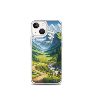 Wanderer in den Bergen und Wald: Digitale Malerei mit grünen kurvenreichen Pfaden - iPhone Schutzhülle (durchsichtig) wandern xxx yyy zzz iPhone 13 mini