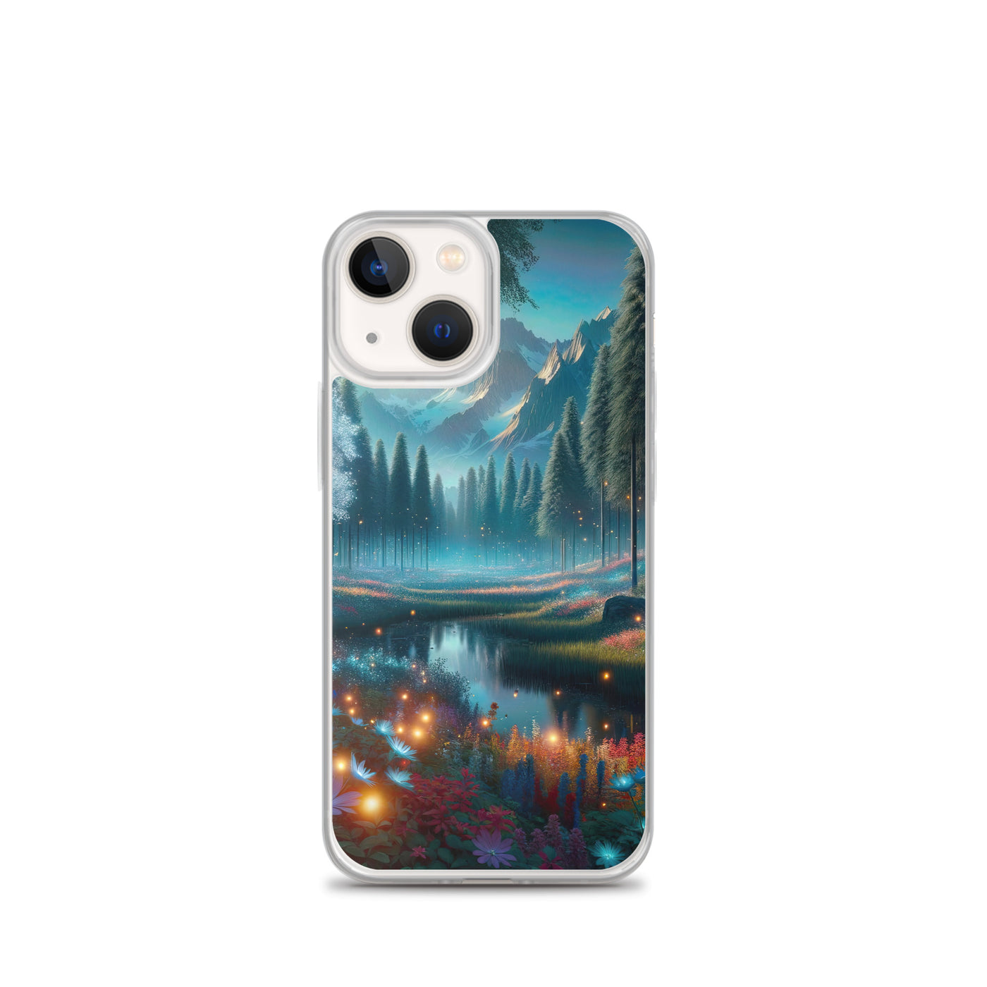 Ätherischer Alpenwald: Digitale Darstellung mit leuchtenden Bäumen und Blumen - iPhone Schutzhülle (durchsichtig) camping xxx yyy zzz iPhone 13 mini