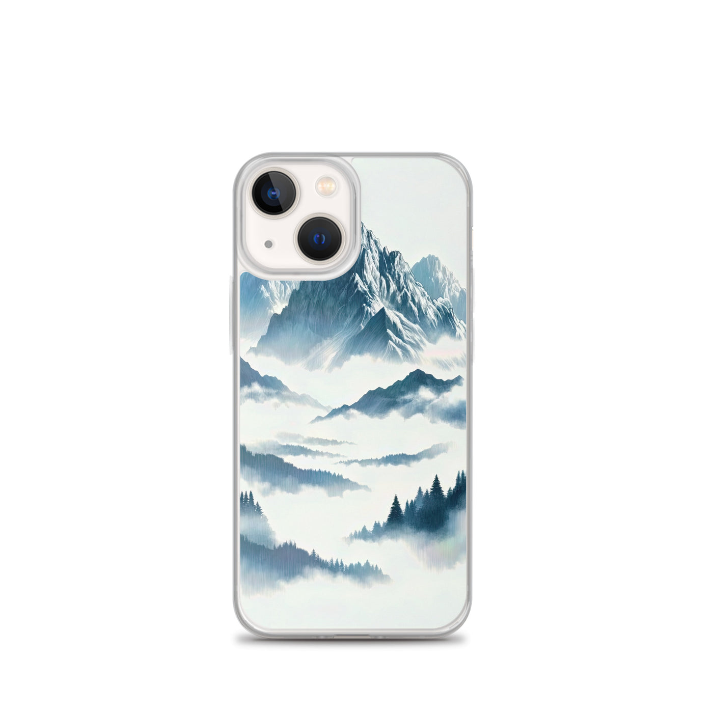 Nebeliger Alpenmorgen-Essenz, verdeckte Täler und Wälder - iPhone Schutzhülle (durchsichtig) berge xxx yyy zzz iPhone 13 mini