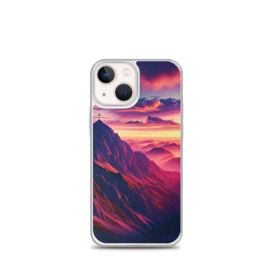 Dramatischer Alpen-Sonnenaufgang, Gipfelkreuz und warme Himmelsfarben - iPhone Schutzhülle (durchsichtig) berge xxx yyy zzz iPhone 13 mini